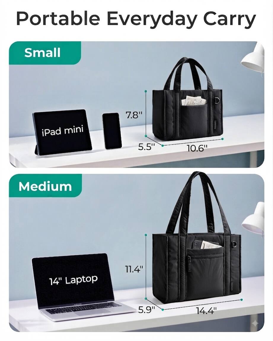Portable Everyday Carry

Small
iPad mini
7.8" 5.5" 10.6"

Medium
14" Laptop
11.4" 5.9" 14.4"