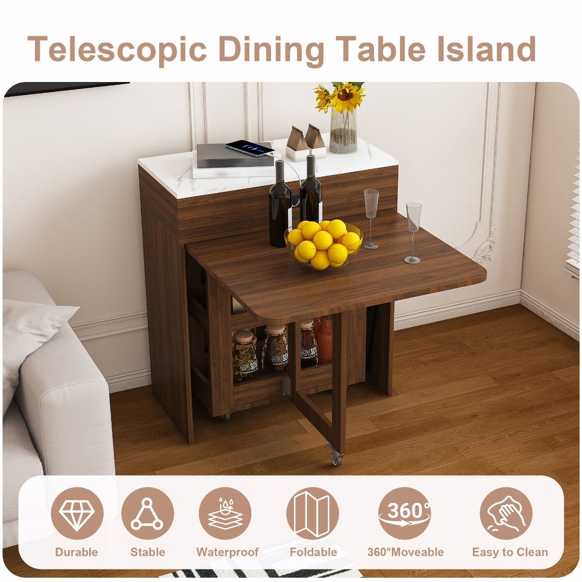 Loheer 74 inch Expandable Dining Table with Power Socket, Walnut ...