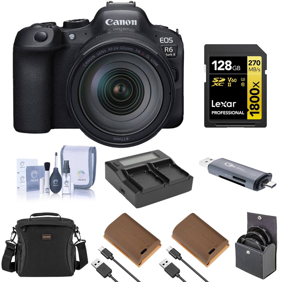 Canon EOS RF24-105mm F4 Mark II IS USM Lens  
Lexar Professional 128GB 270 MB/s SD V60 U3 1800x  
Pro Optic Cleaning Kit  
Canon Battery Pack (Li-lon)