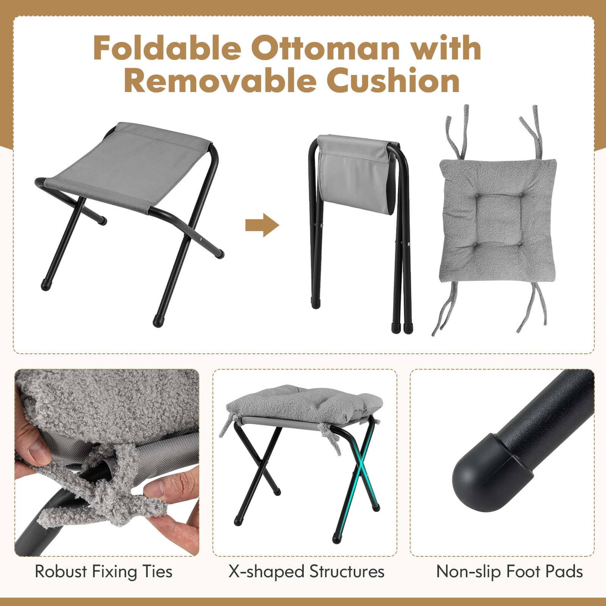 Foldable Ottoman with Removable Cushion Robust Fixing Ties X-shaped Structures Non-slip Foot Pads