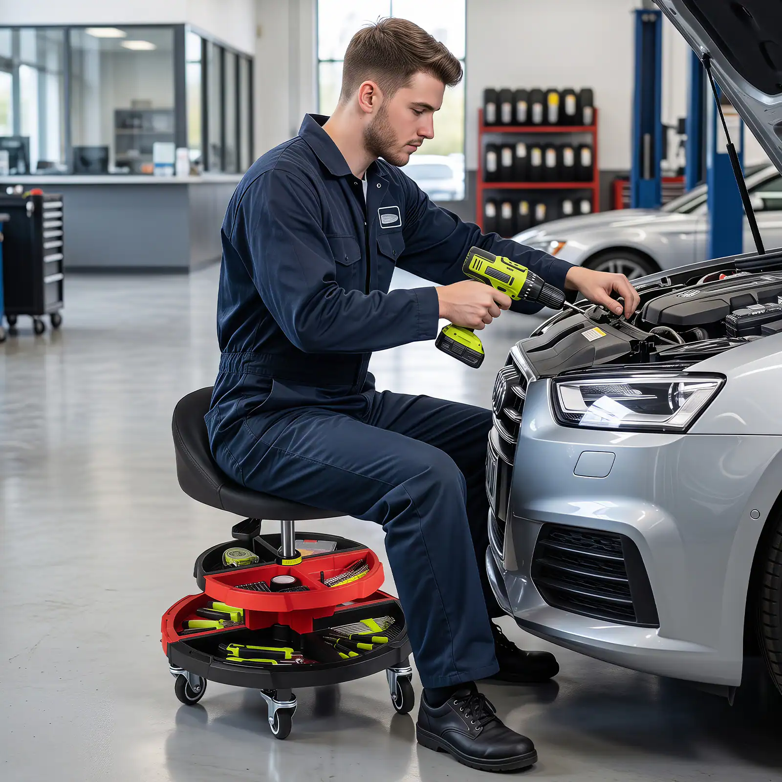 Alt View 1. Costway - Ironmax 360° Rolling Mechanic Stool with 2 Tool Storage Trays, Backrest, Lockable Wheels two-tier - Red 2 Trays.