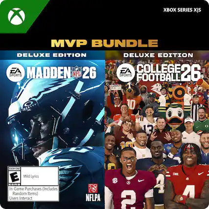The text on the image reads "MVP Bundle Deluxe Edition EA Madden 26 EA College 26 Sports NFL Football." - E (Everyone)