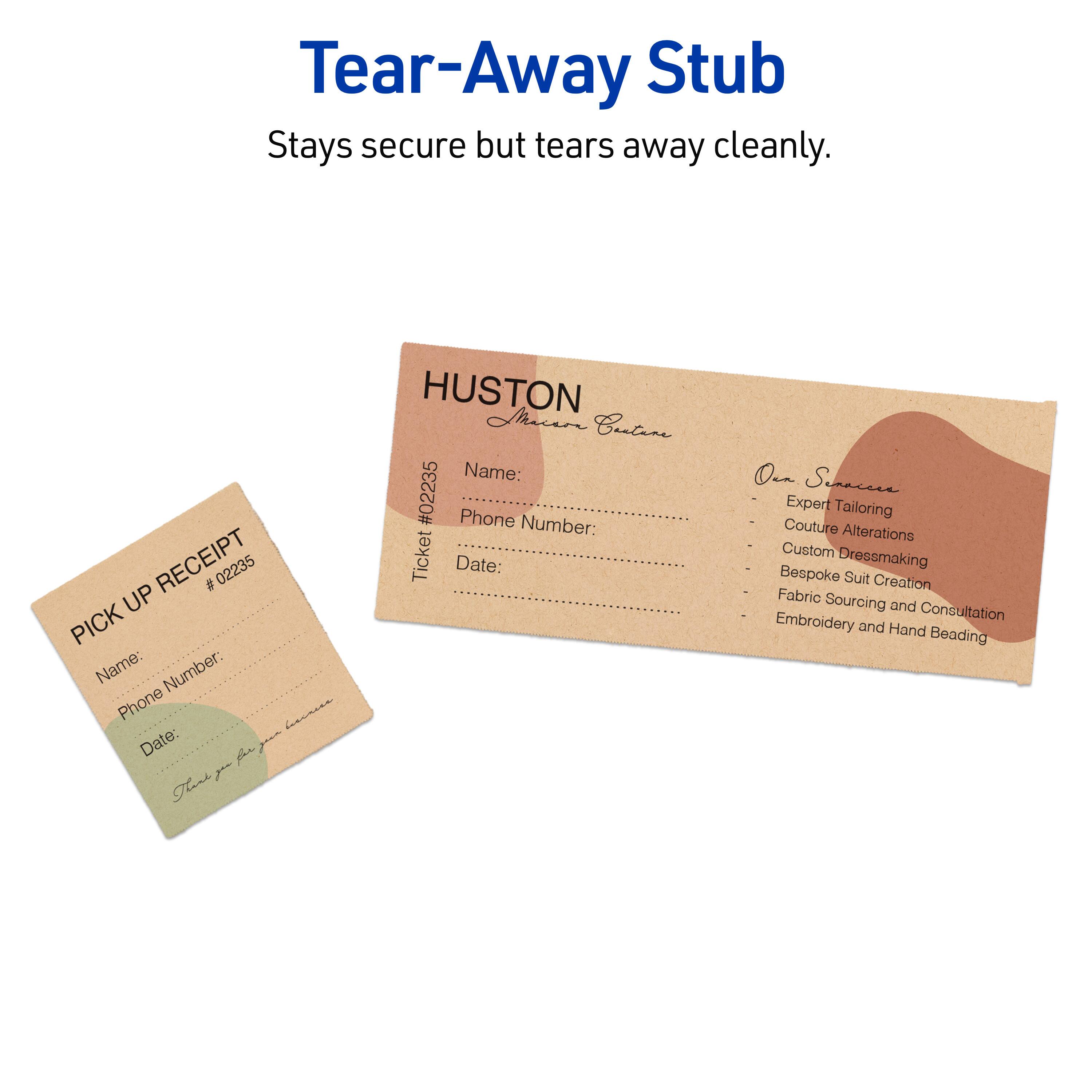 Tear-Away Stub  
Stays secure but tears away cleanly.

RECEIPT # 02235  
PICK UP  
Name:  
Phone Number:  
Date:  

HUSTON  
Macan Cantine  
Expert Tailoring  
Couture Alterations  
Custom Dressmaking  
Bespoke Suit Creation  
Fabric Sourcing and Consultation  
Embroidery and Hand Beading  

Ticket #02235  
Name:  
Phone Number:  
Date:  

Our Services  
- Expert Tailoring  
- Couture Alterations  
- Custom Dressmaking  
- Bespoke Suit Creation  
- Fabric Sourcing and Consultation  
- Embroidery and Hand Beading
