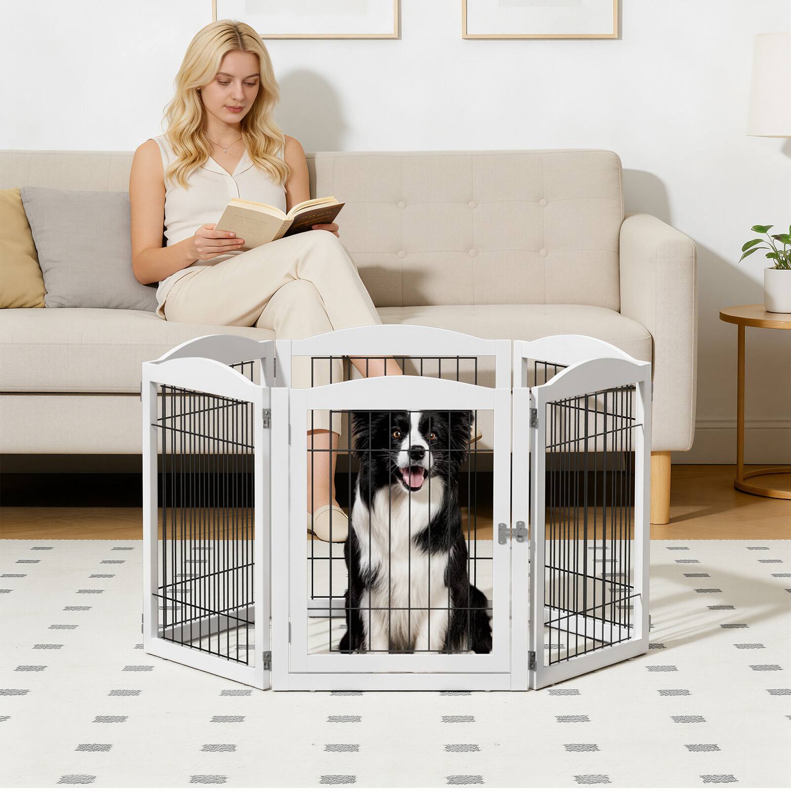 Alt View 7. Winado - Freestanding Dog Gate with Door, Pet Gate with Walk Through Door Foldable Pet Safety Fence for Stairs Doorways Fireplace - White.