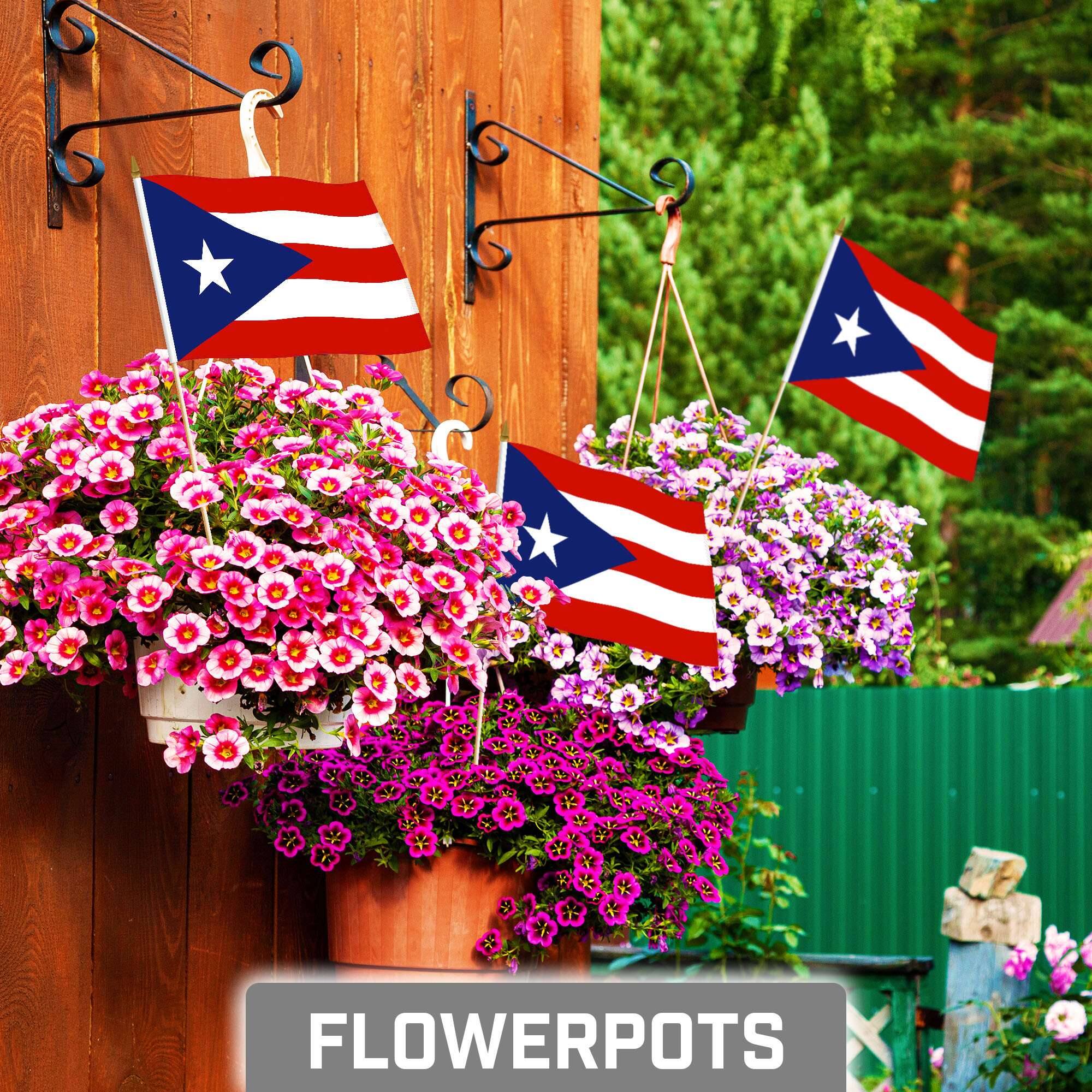 Angle. G128 - 12-Pack Handheld Puerto Rico Flags, 8" x 12", 150D Polyester, Wooden Stick with Gold Spear Tip. - Red, White, Blue.