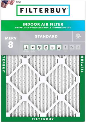 MADE IN THE USA FILTERBUY INDOOR AIR FILTER SUITABLE FOR BOTH RESIDENTIAL & COMMERCIAL USE MERV 8 STANDARD Household Dust, Dust Mites & Particles, Pollen, Mold, Lint, Dander, Smoke & Smog, Bacteria, Odors FILTERBUY