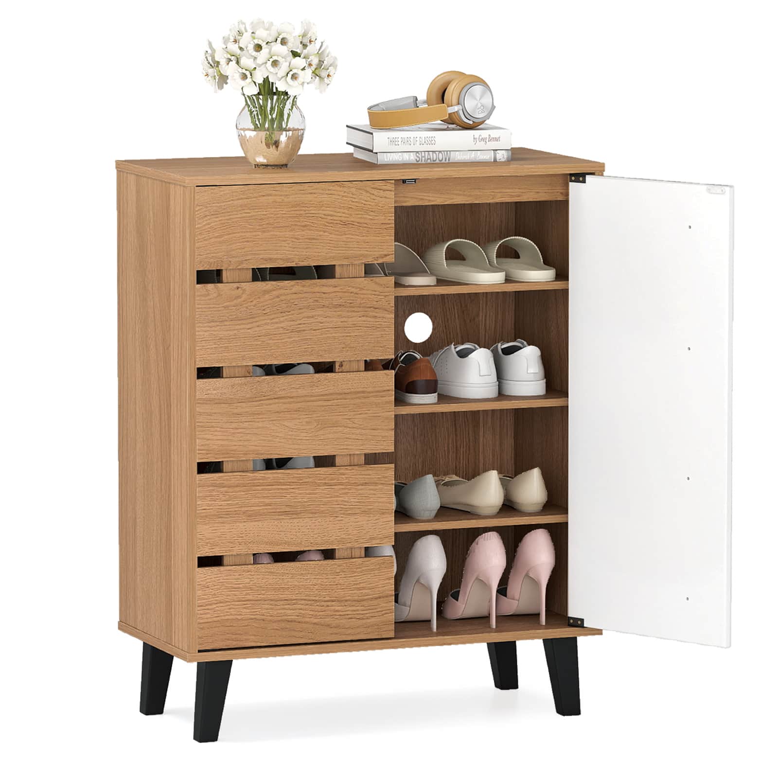 Gymax - 2-Door Shoe Cabinet 4-Tier Farmhouse Shoe Organizer w/ Louvered Door & Adjustable Shelves - Natural, White