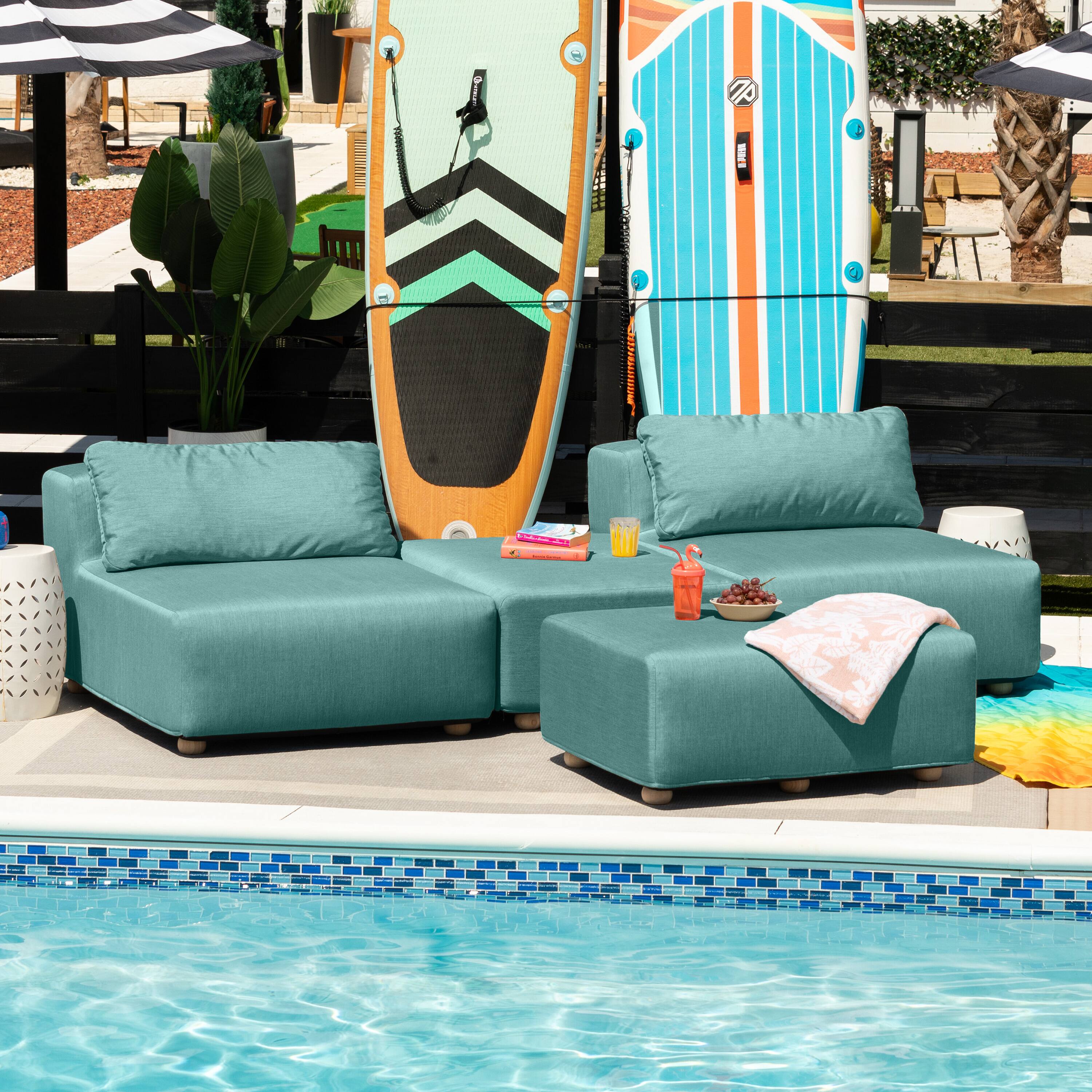 Left. Jaxx - Jaxx Vada Outdoor Sun Lounger Luxury Modular Chaise & Ottoman w/ Sunbrella Fabric & Waterproof Cover, Sunbrella Breeze - Breeze.
