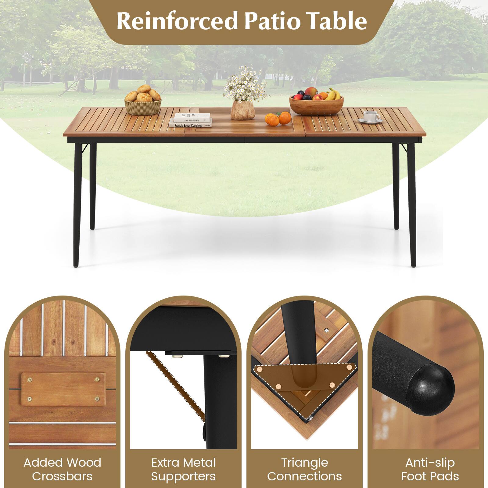Reinforced Patio Table

- Added Wood Crossbars
- Extra Metal Supporters
- Triangle Connections
- Anti-slip Foot Pads