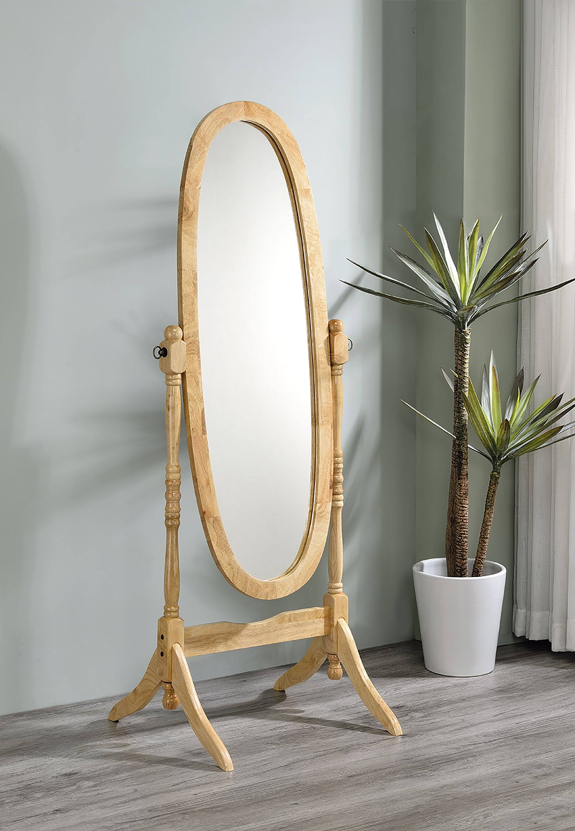 Left. BreeBe - 59.25' Tall Standing Wooden Floor Mirror with Natural finish, Oval Shape - Natural.