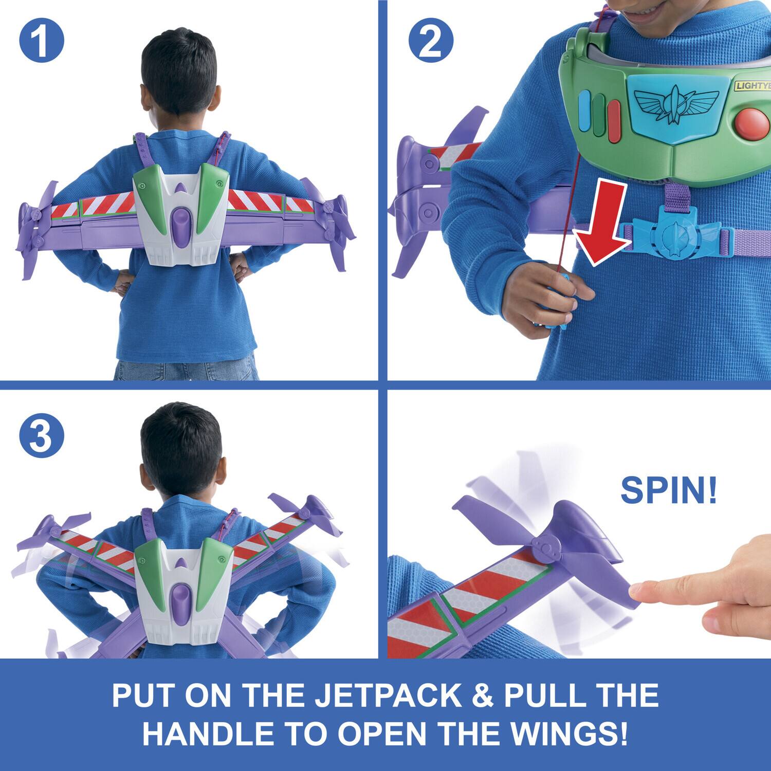 1. LIGHTY L
2. SPIN! PUT ON THE JETPACK & PULL THE HANDLE TO OPEN THE WINGS!