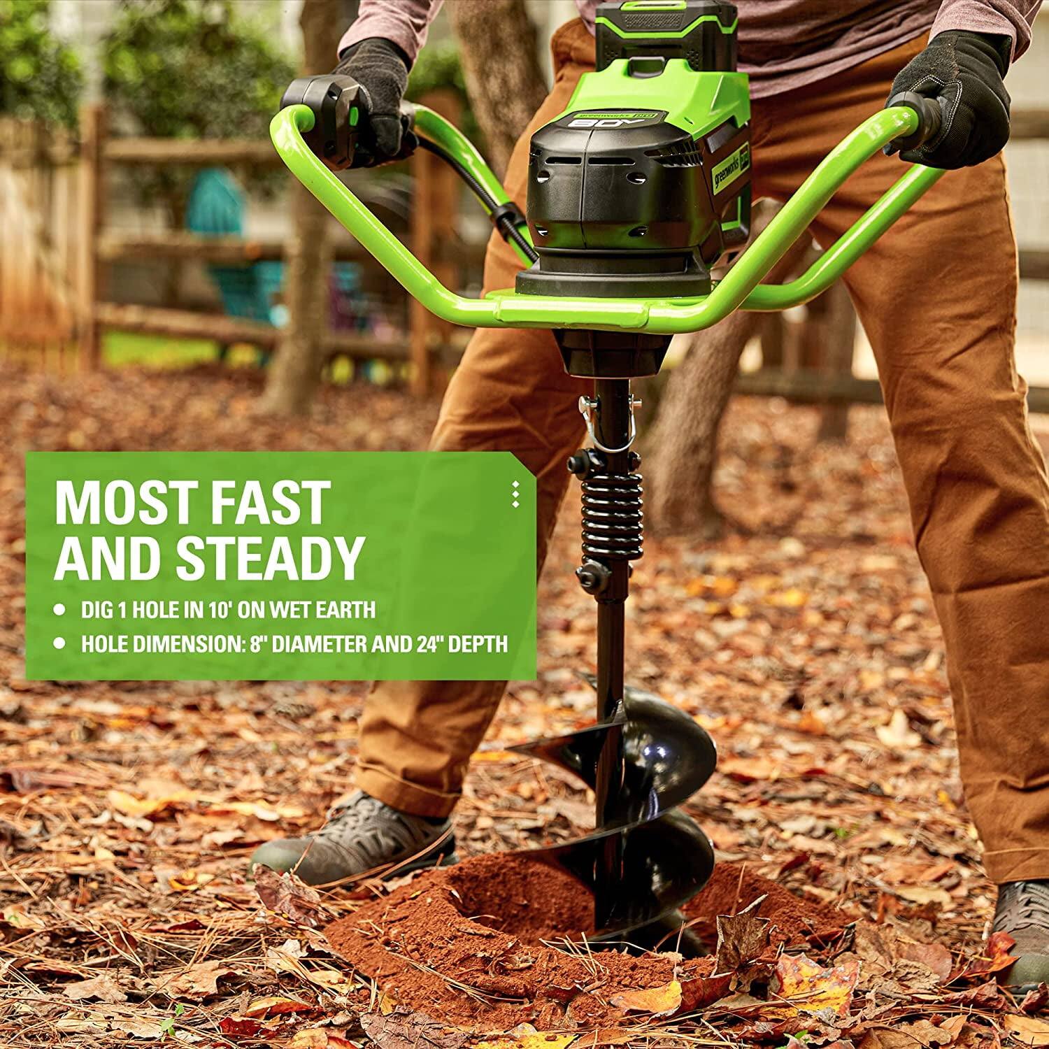 MOST FAST AND STEADY  
- DIG 1 HOLE IN 10' ON WET EARTH  
- HOLE DIMENSION: 8" DIAMETER AND 24" DEPTH