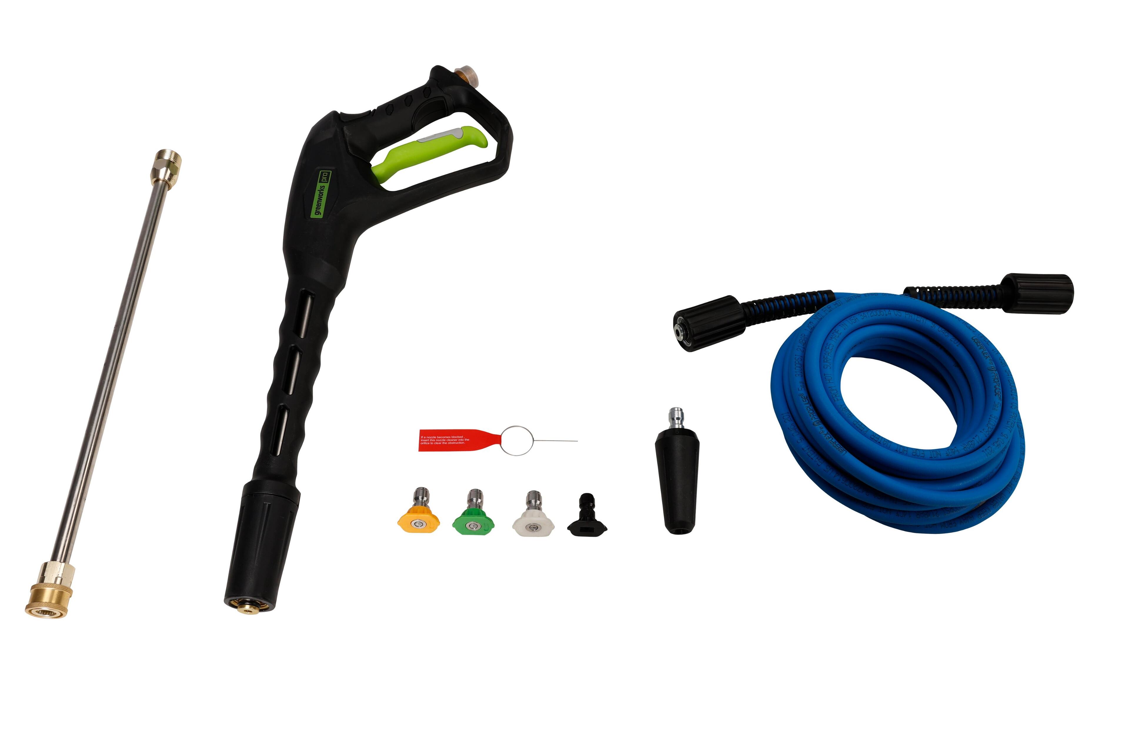 The image features a variety of tools and equipment, including a cordless drill, a wrench, and a blue hose. There are also several wires and cords, as well as a spray gun and a pipe. The tools are arranged on a white background, making it easy to see and identify each item.