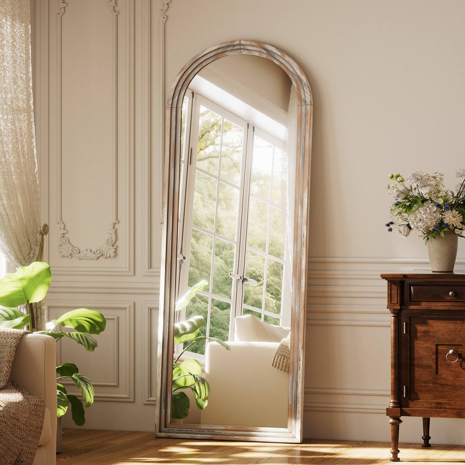 Angle. Easly - Antique White 22 in. W x 65 in. H Arched Wood Framed Full Length Floor Mirror - White.