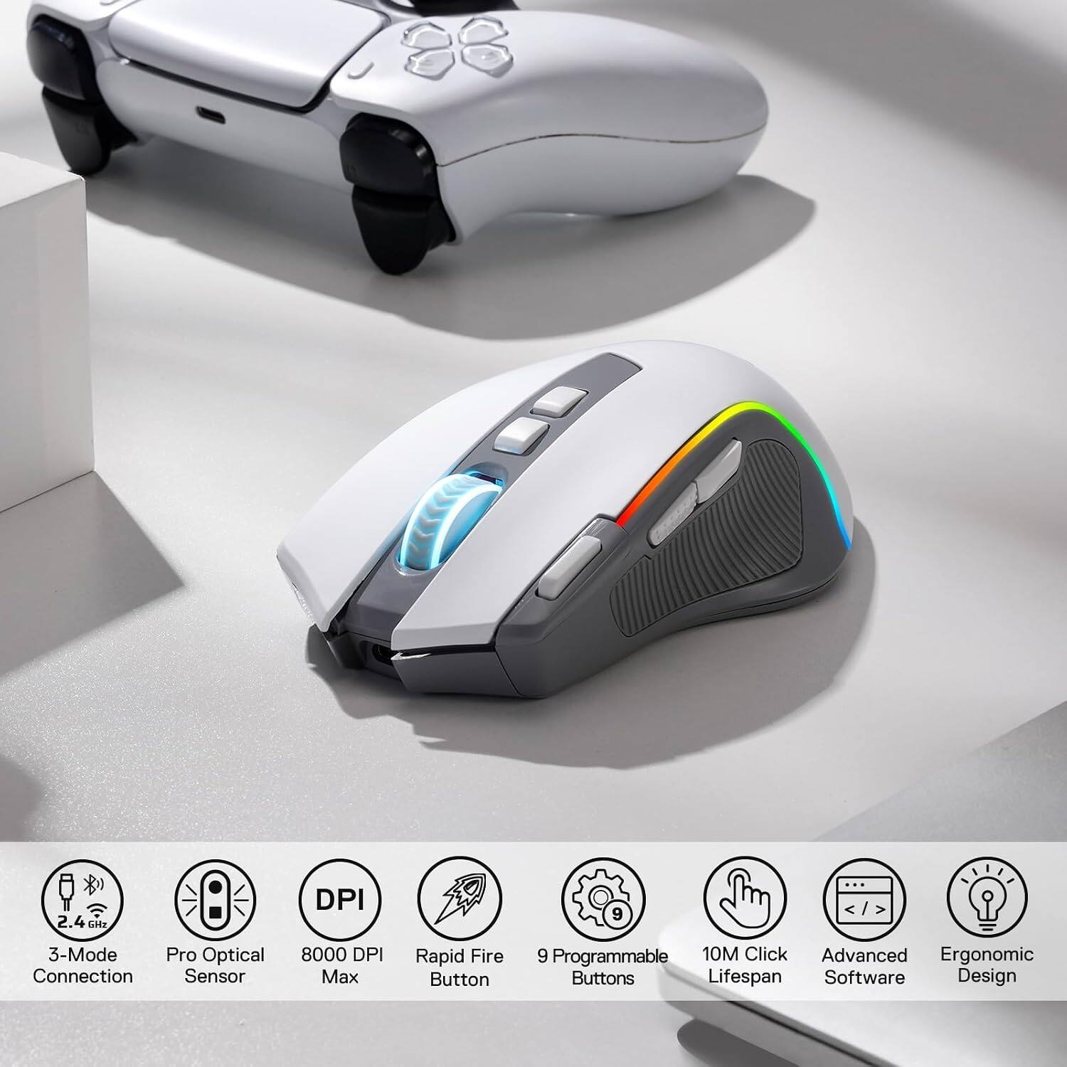 2.4 GHz  
DPI  
3-Mode Pro Optical Connection Sensor  
8000 DPI Max  
Rapid Fire Button  
9 Programmable Buttons  
10M Click Lifespan  
Advanced Software  
Ergonomic Design