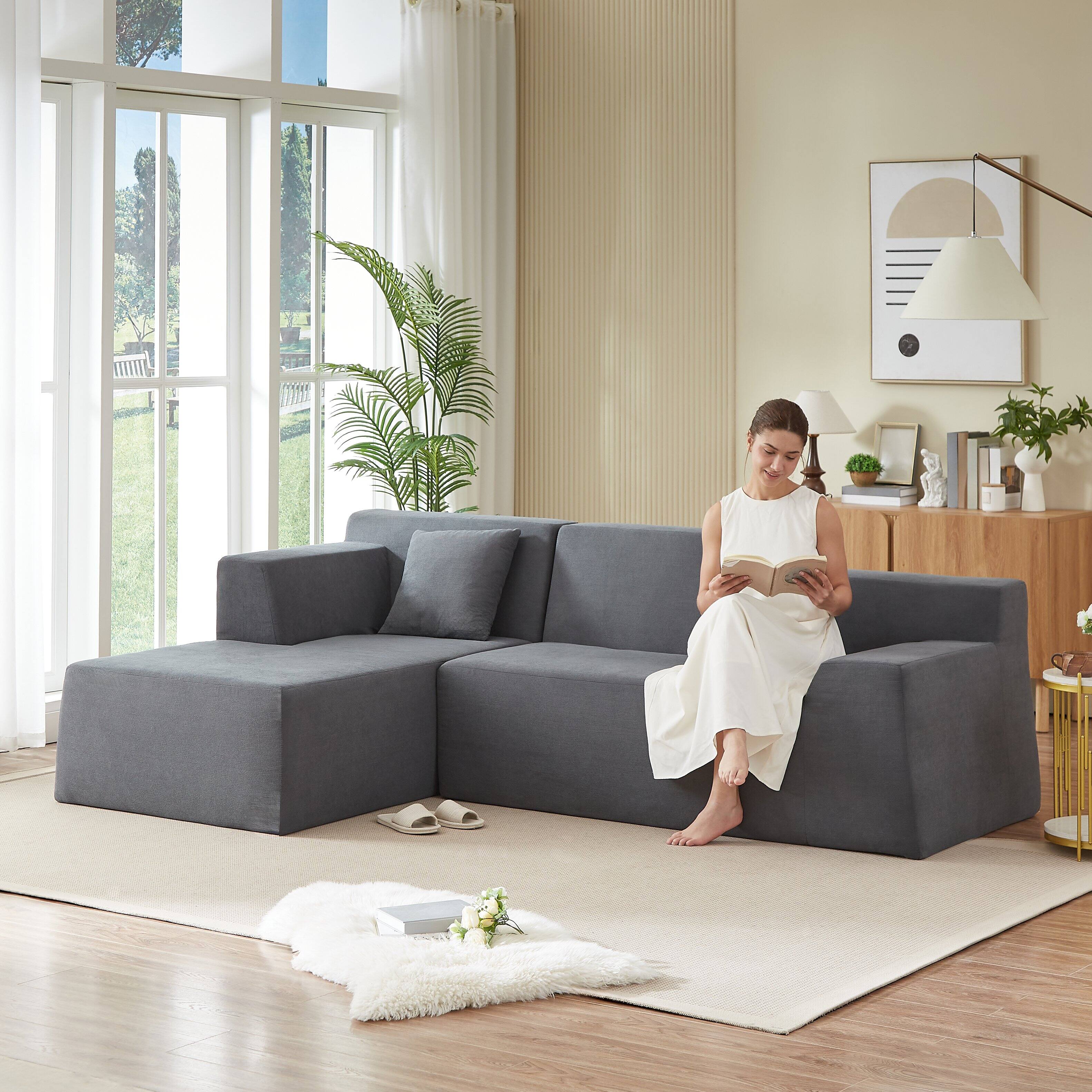 Alt View 1. Loheer - Loheer L-Shaped Corduroy Sofa Modern Minimalist High Back Sectional Couch for Living Room 96 Inch - Dark Gray.