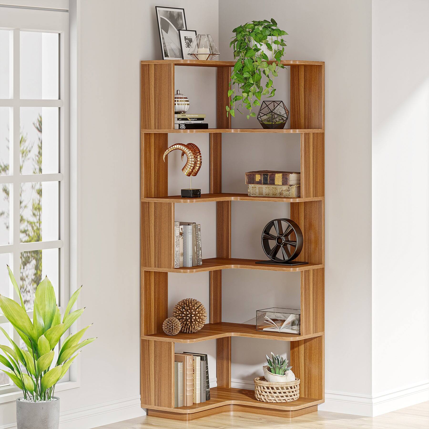Back. Tribesigns - Corner Bookshelf with Engineered Wood Construction and Freestanding Design for Living Room and Bedroom - Brown.