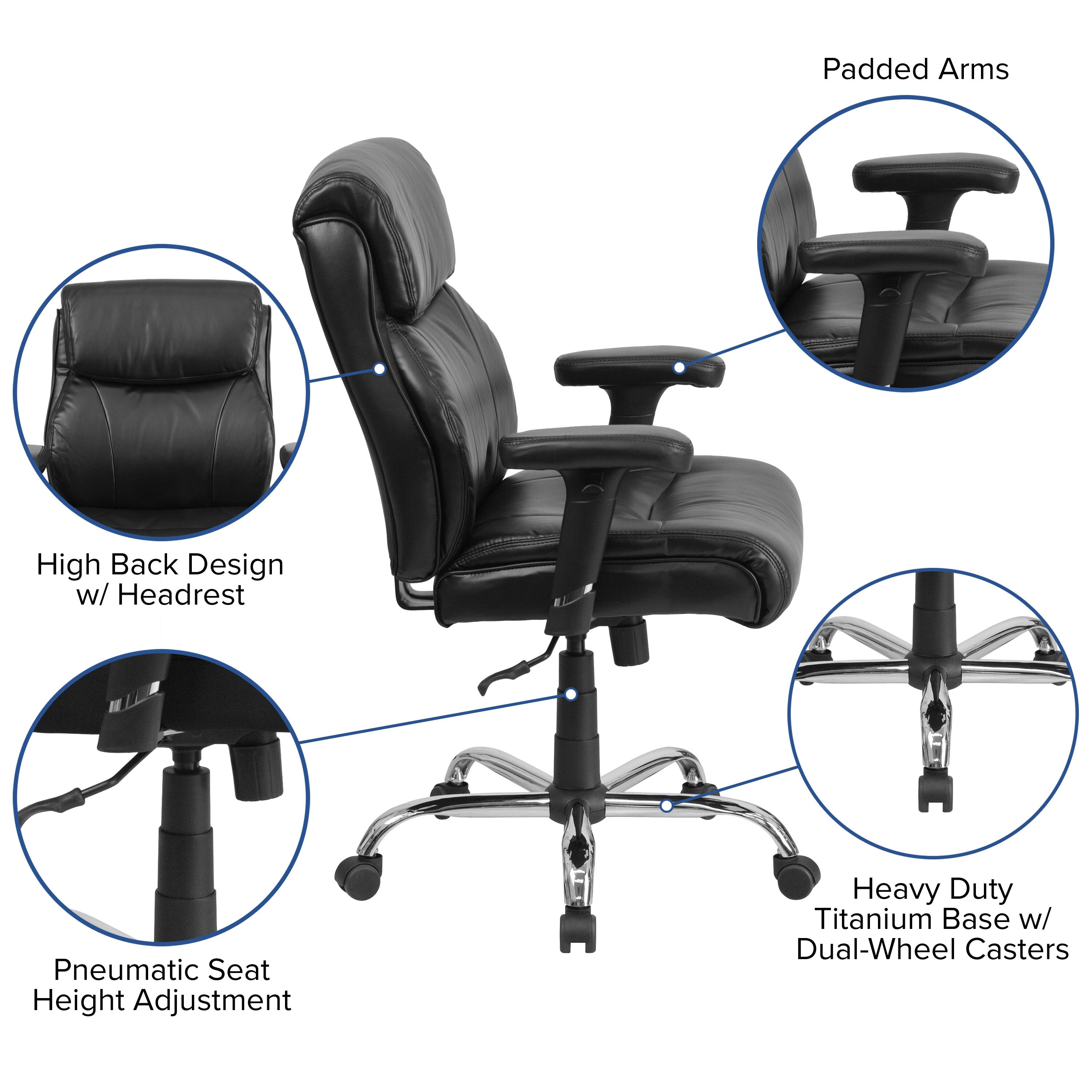 Padded Arms  
High Back Design w/ Headrest  
Pneumatic Seat Height Adjustment  
Heavy Duty Titanium Base w/ Dual-Wheel Casters