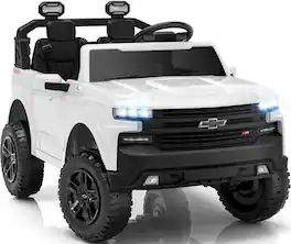 FIRST RIDE ON - 24V 2 Seater Ride on Car for Kids, Licensed Chevrolet Silverado Electric Car with Remote Control, Bluetooth, LED Lights - White