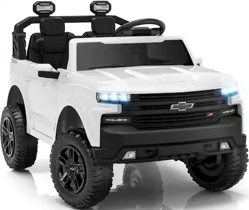 Front. FIRST RIDE ON - 24V 2 Seater Ride on Car for Kids, Licensed Chevrolet Silverado Electric Car with Remote Control, Bluetooth, LED Lights - White.