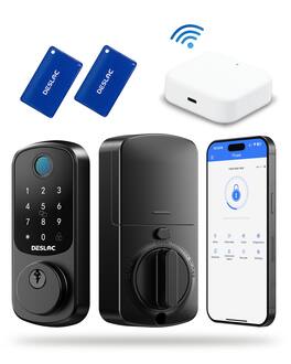 DESLOC - B200 Smart Door Lock with G2 Gateway, Smart Keypad Deadbolt with App Control and Fingerprint for Front Door - Black