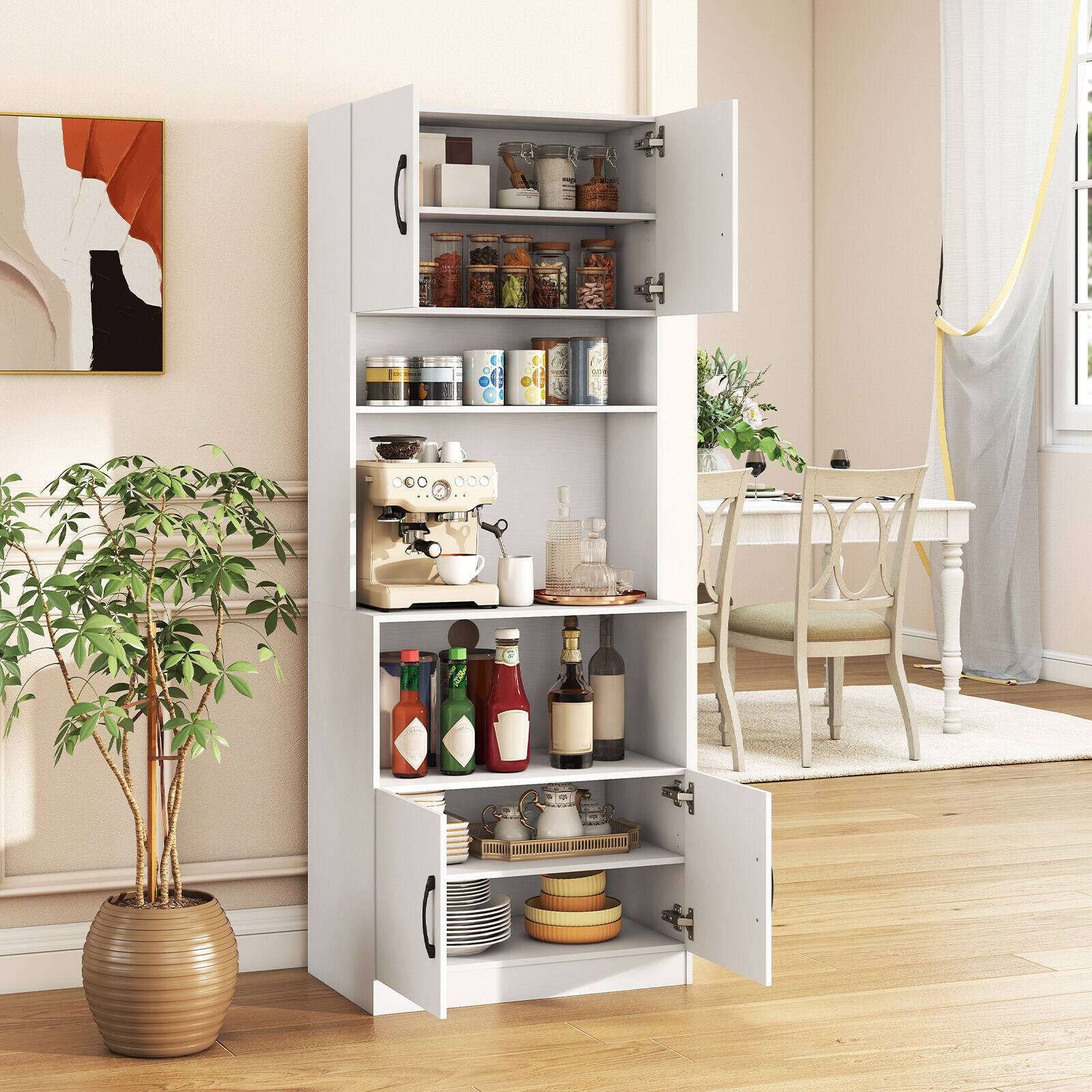 Alt View 1. Costway - Costway Kitchen Pantry Cabinet with Charging Station, Adjustable Shelves and Doors - White.