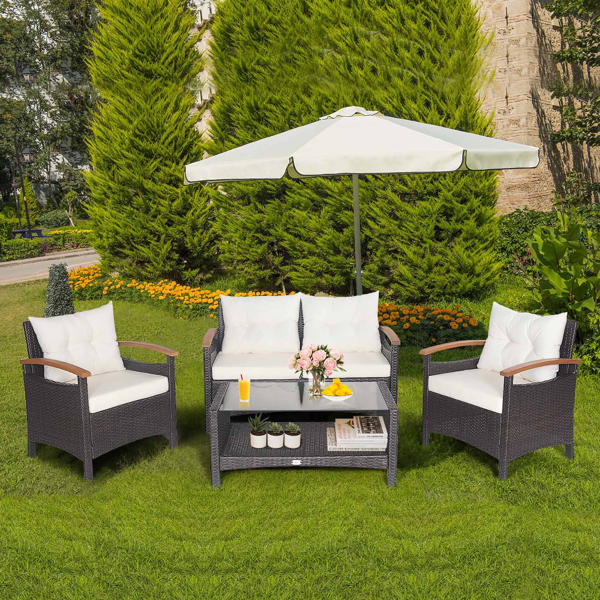 Alt View 1. Costway - Costway 4PCS Patio Rattan Conversation Set Cushioned Sofa Storage Table - Mixed Brown,Off White.