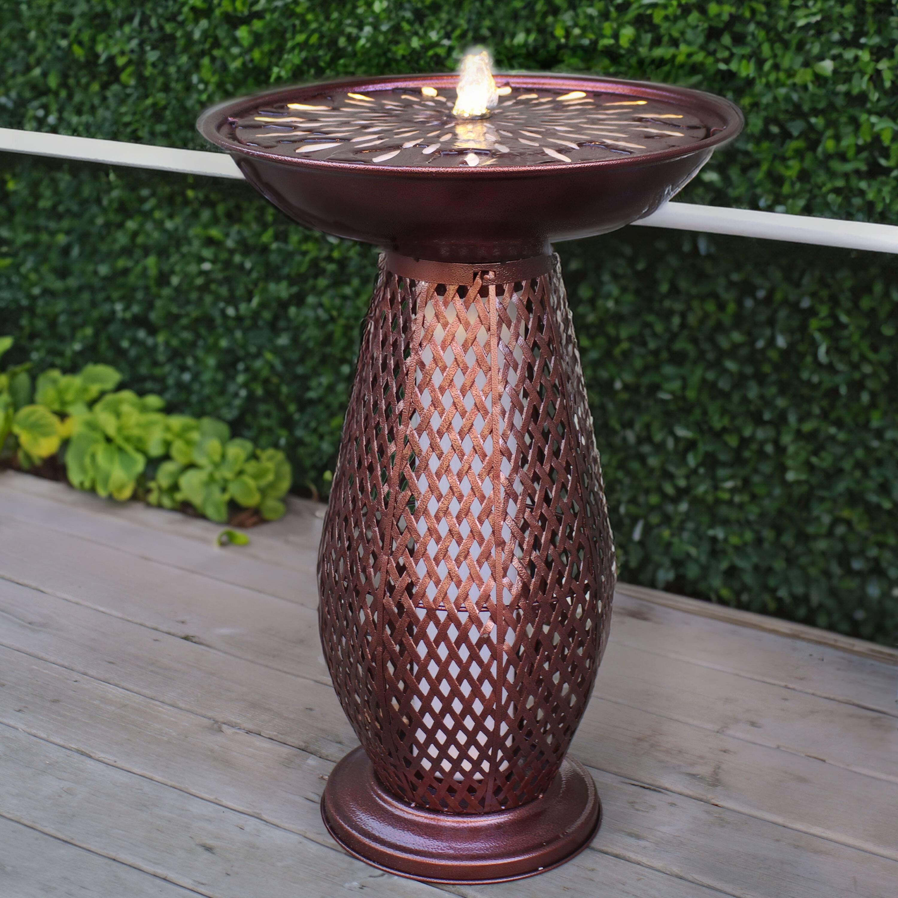 Alt View 3. Sunnydaze - Iron Crosshatch Bird Bath Water Fountain with LED Lights - Brown.