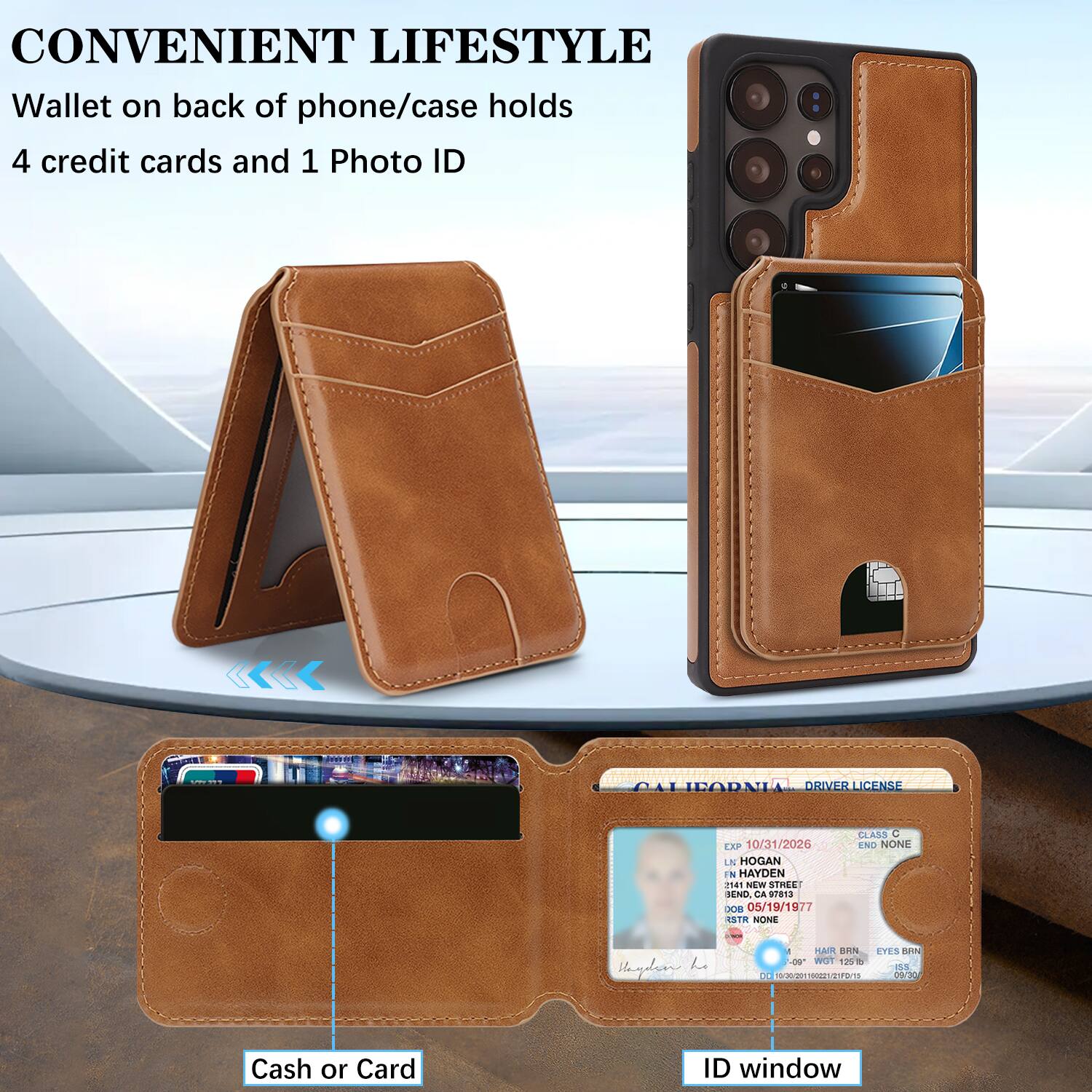 CONVENIENT LIFESTYLE

Wallet on back of phone/case holds 4 credit cards and 1 Photo ID

Cash or Card

ID window