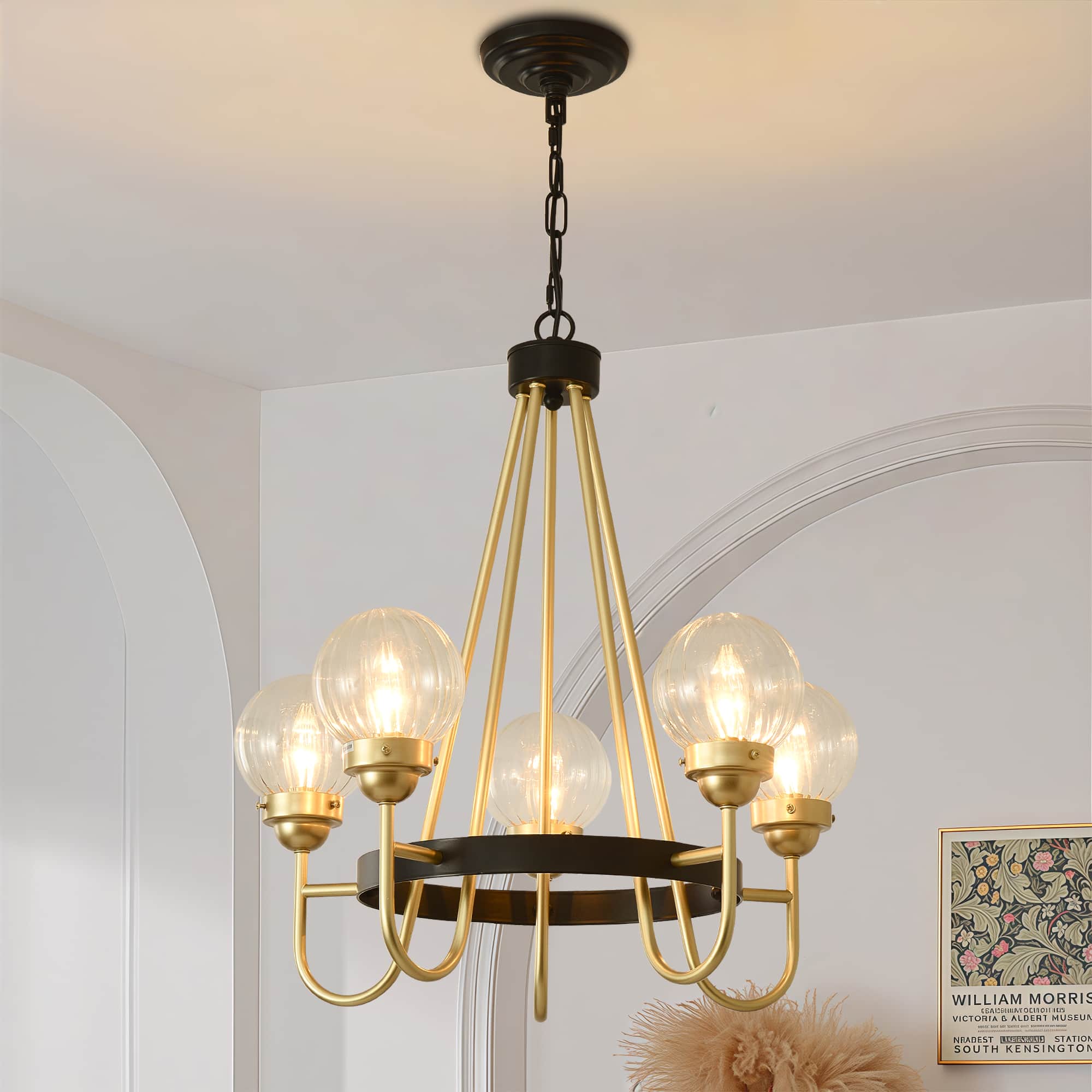 RYHNUYNE - 5 Light Modern Chandelier, 23.22" Gold and Black Metal Pendant Light with Ribbed Glass Globes Adjustable Height