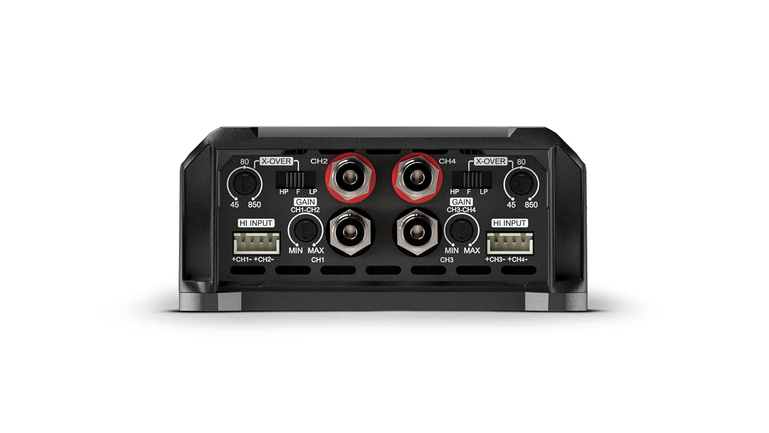 Sure, here is the corrected and grouped text from the image:

**Left Side:**
- X-OVER 80
- HP F LP GAIN CH1-CH2
- 45 850
- HI INPUT
- MIN MAX
- CH1
- +CH1- +CH2-

**Right Side:**
- X-OVER 80
- HP F LP GAIN CH3-CH4
- 45 850
- HI INPUT
- MIN MAX
- CH3
- +CH3- +CH4-