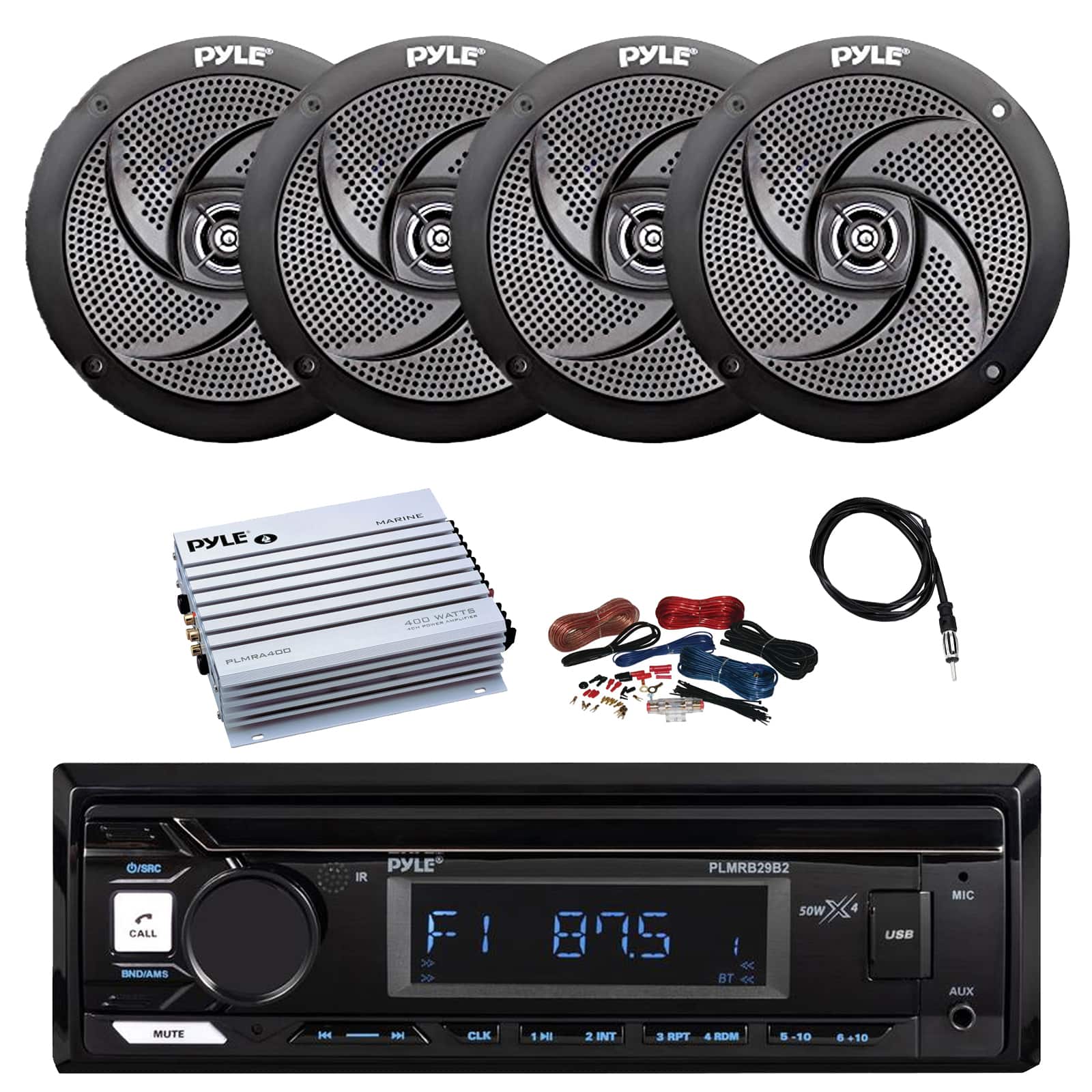Pyle - Marine Bluetooth Stereo Receiver, 4x 5.25" 180W Low Profile Slim Style Audio Speakers, Amplifier w/Kit, Antenna