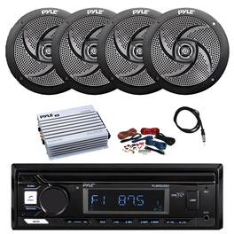 Pyle - Marine Bluetooth Stereo Receiver, 4x 5.25" 180W Low Profile Slim Style Audio Speakers, Amplifier w/Kit, Antenna