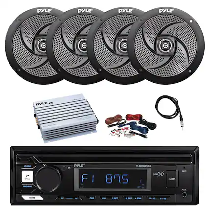 PYLE PYLE PYLE PYLE PYLE O MARINE 400 WATTS PLMRB29B2 sOW 87.5 : BT C 4 USB MIC AUX MUTE H - CLK 1 HI 2 INT a RPT 4 RDM S 3-10 +10