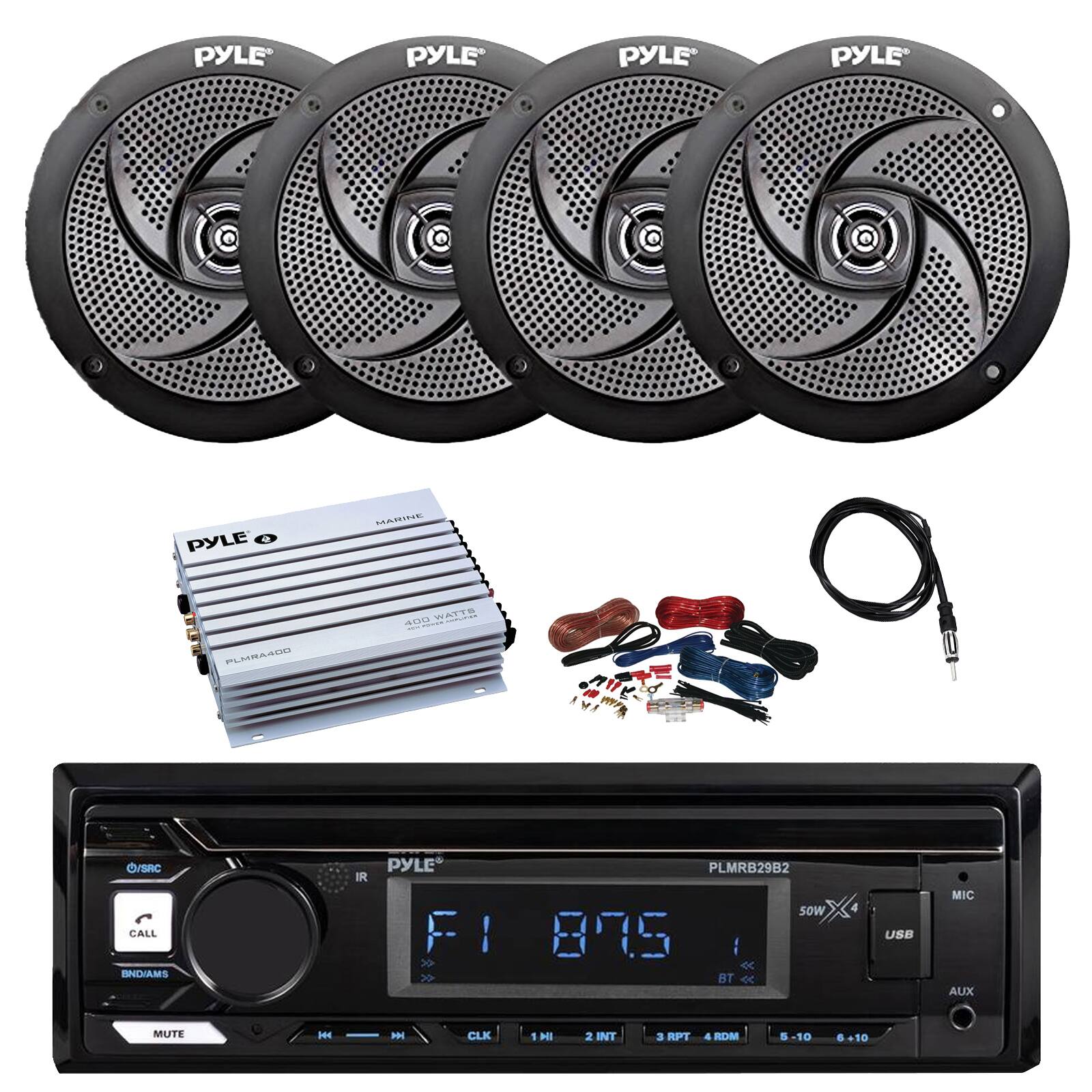 PYLE PYLE PYLE PYLE PYLE O MARINE 400 WATTS PLMRB29B2 sOW 87.5 : BT C 4 USB MIC AUX MUTE H - CLK 1 HI 2 INT a RPT 4 RDM S 3-10 +10