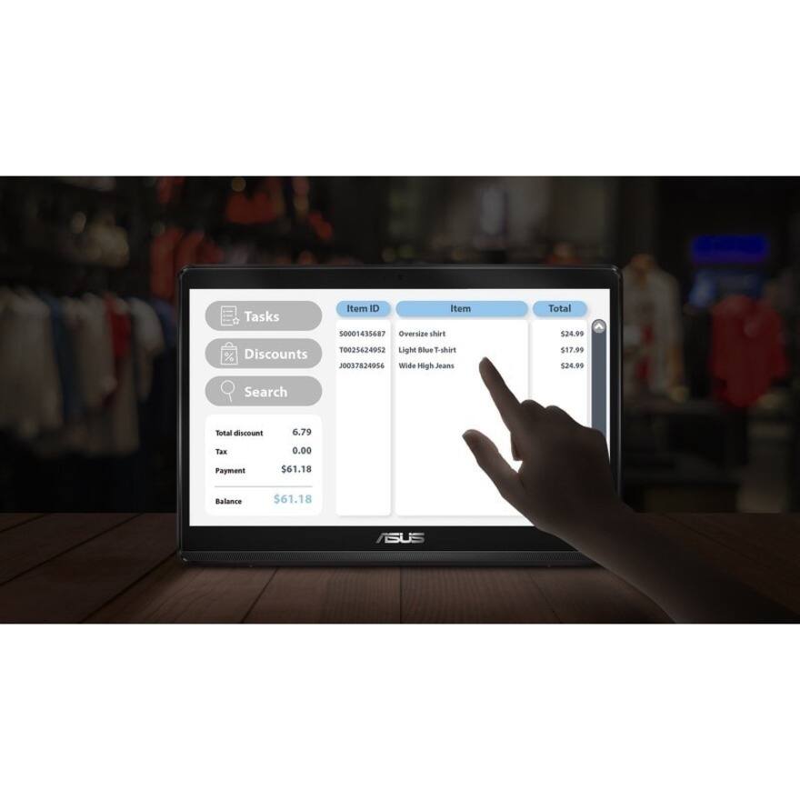 Tasks  
Item ID | Item | Total  
50001435687 | Oversize shirt | $24.99  
70025624052 | Light Blue T-shirt | $17.99  
524.09 | Wide High Jeans | $24.99  

Discounts  
J0017820056 | Search Total discount | $6.79  

Tax | $0.00  
Payment | $61.18  
Balance | $61.18  

ASUS