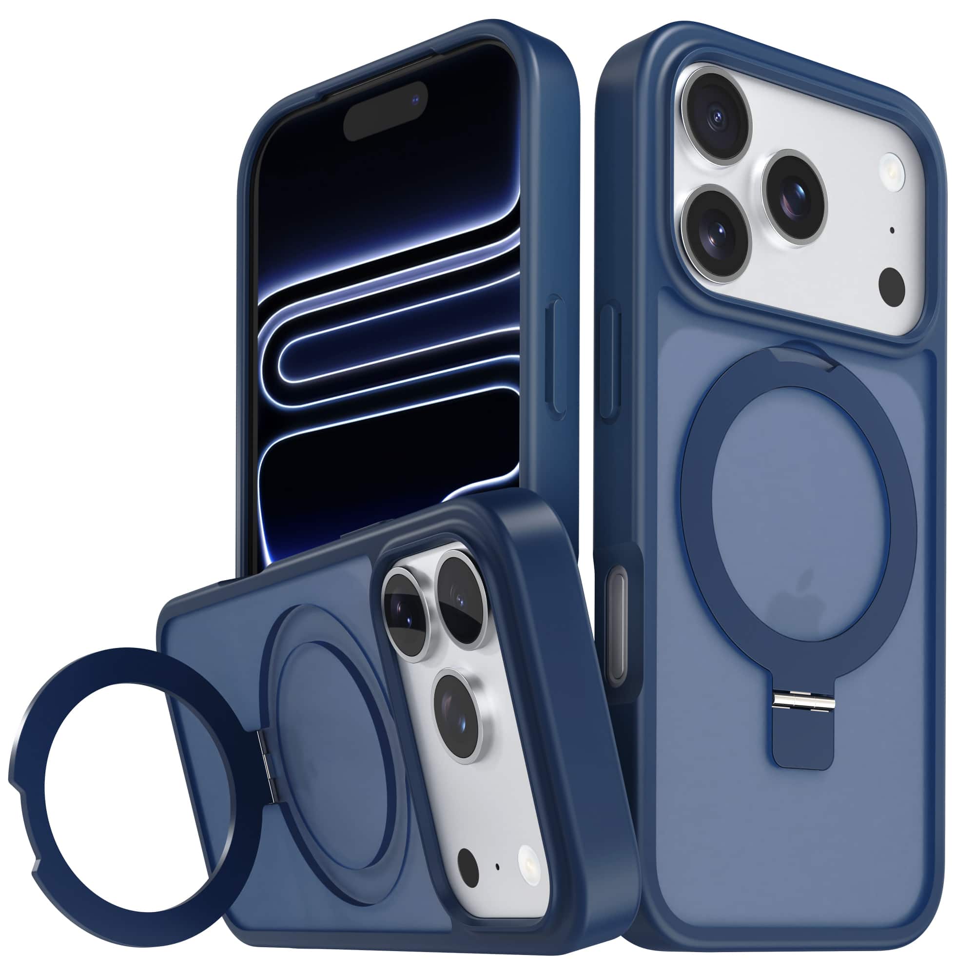Front. Vena - For Apple iPhone 17 Pro Case Magsafe, Magnetic Ring Kickstand, Shockproof Translucent Back Slim Phone Case, Blue - Blue.