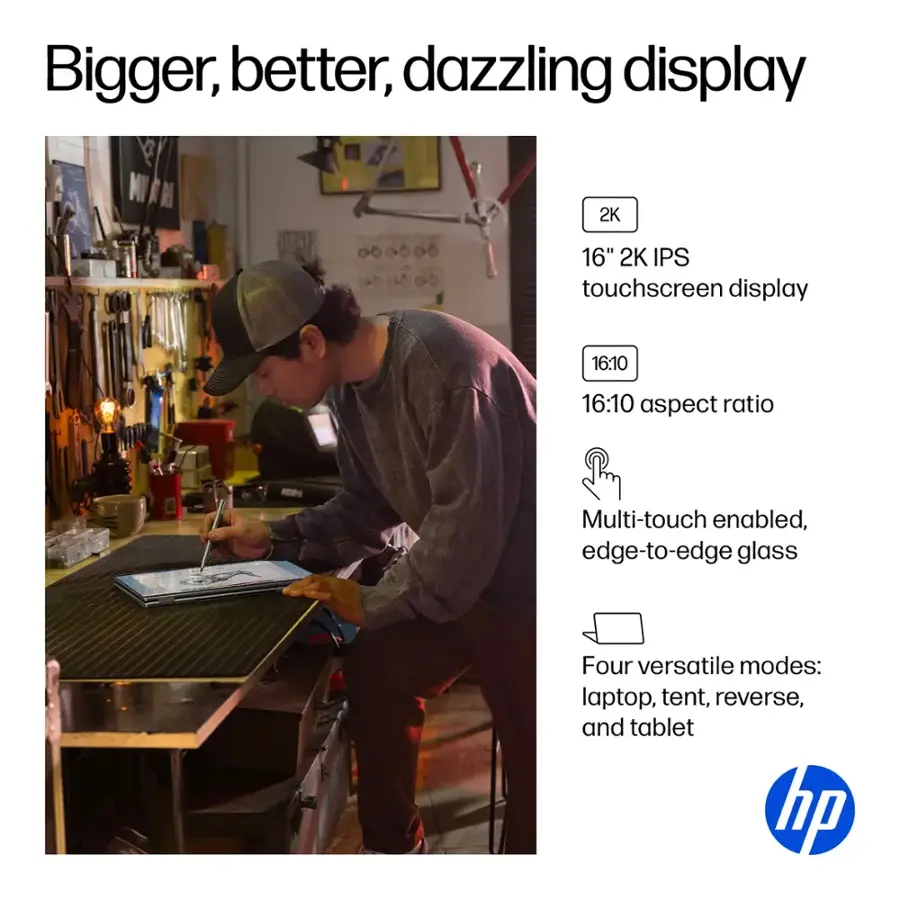 Bigger, better, dazzling display: MI Al 2K 16" 2K IPS touchscreen display with a 16:10 aspect ratio. Multi-touch enabled, edge-to-edge glass. Four versatile modes: laptop, tent, reverse, and tablet.