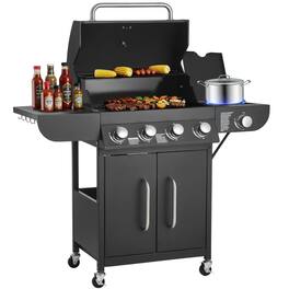 Glintex - 4-Burner Propane Gas Grill with Side Burner, 425 sq.in Cooking Area, Enamel Grates, Outdoor BBQ with Side Shelves