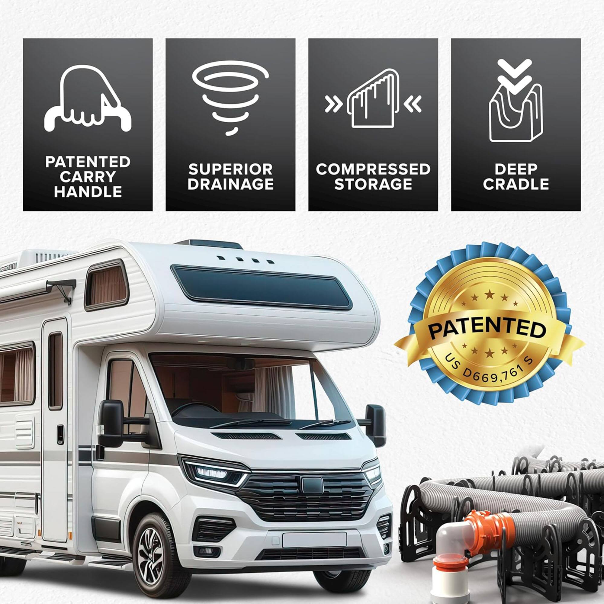 PATENTED CARRY HANDLE  
SUPERIOR DRAINAGE  
COMPRESSED STORAGE  
DEEP CRADLE  
PATENTED US D669,761