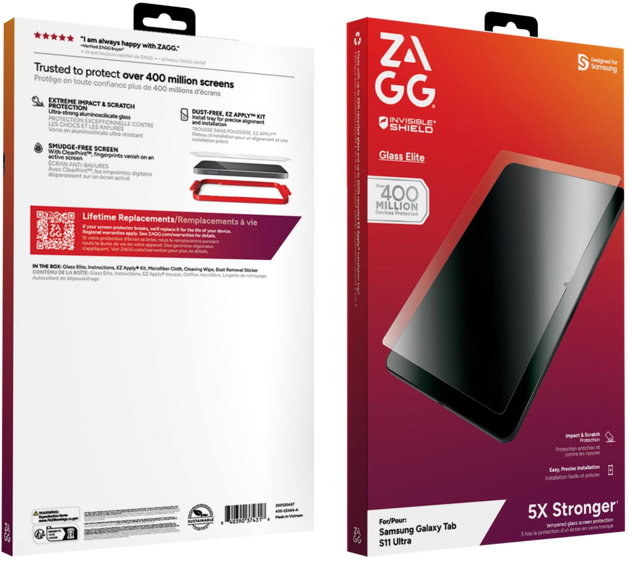 Sure, here is the corrected and grouped text from the image:

---

**Front of the Box:**

- **Top Left:** "I'm always happy with ZAGG." - Verified 24,266 reviews
- **Top Right:** "Trusted to protect over 400 million screens" - Protège en toute confiance plus de 400 millions d'écrans
- **Center:** "INVISIBLE SHIELD Glass Elite"
- **Bottom Left:** "Over 400 MILLION Devices Protected"
- **Bottom Right:** "5X Stronger" - Tempered glass screen protection 5 fois plus résistant qu'un écran en verre
- **Bottom Center:** "For/Pour: Samsung Galaxy Tab S11 Ultra"

**Back of the Box:**

- **Top Left:** "EXTREME IMPACT & SCRATCH PROTECTION" - Protection contre les chocs et les rayures
- **Top Right:** "DUST-FREE, EZ APPLY KIT" - TROUSSE SANS POUSSIÈRE, APPLY PRÉCIS
- **Middle Left:** "SWIPE-FREE SCREEN" - ECRAN ANTI-BAVURES
