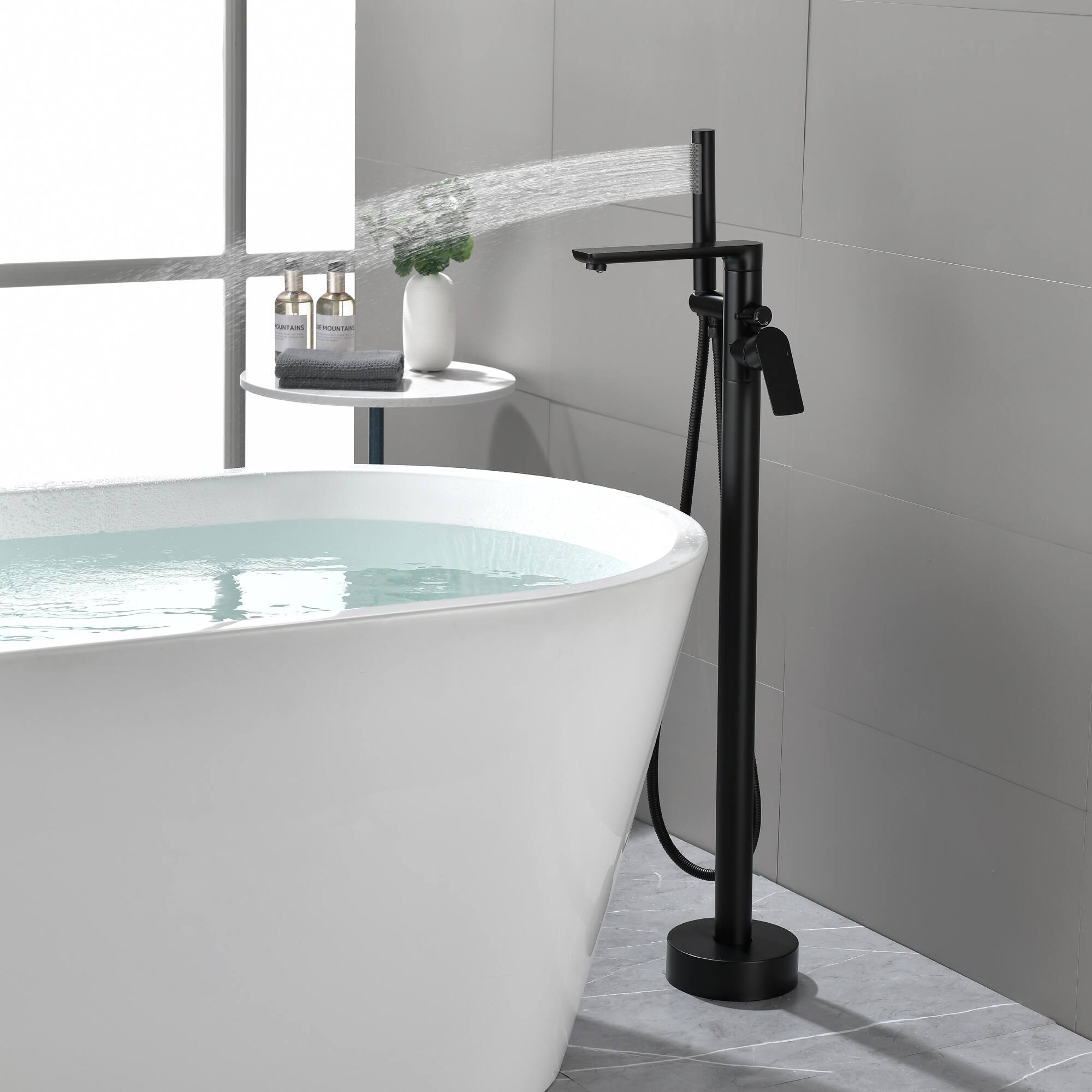 Alt View 2. Boyel Living - Matte Black Freestanding Bathtub Faucet Solid Brass 360° Swivel 60-Inch Hose Aerated Spout cUPC - Matte Black.