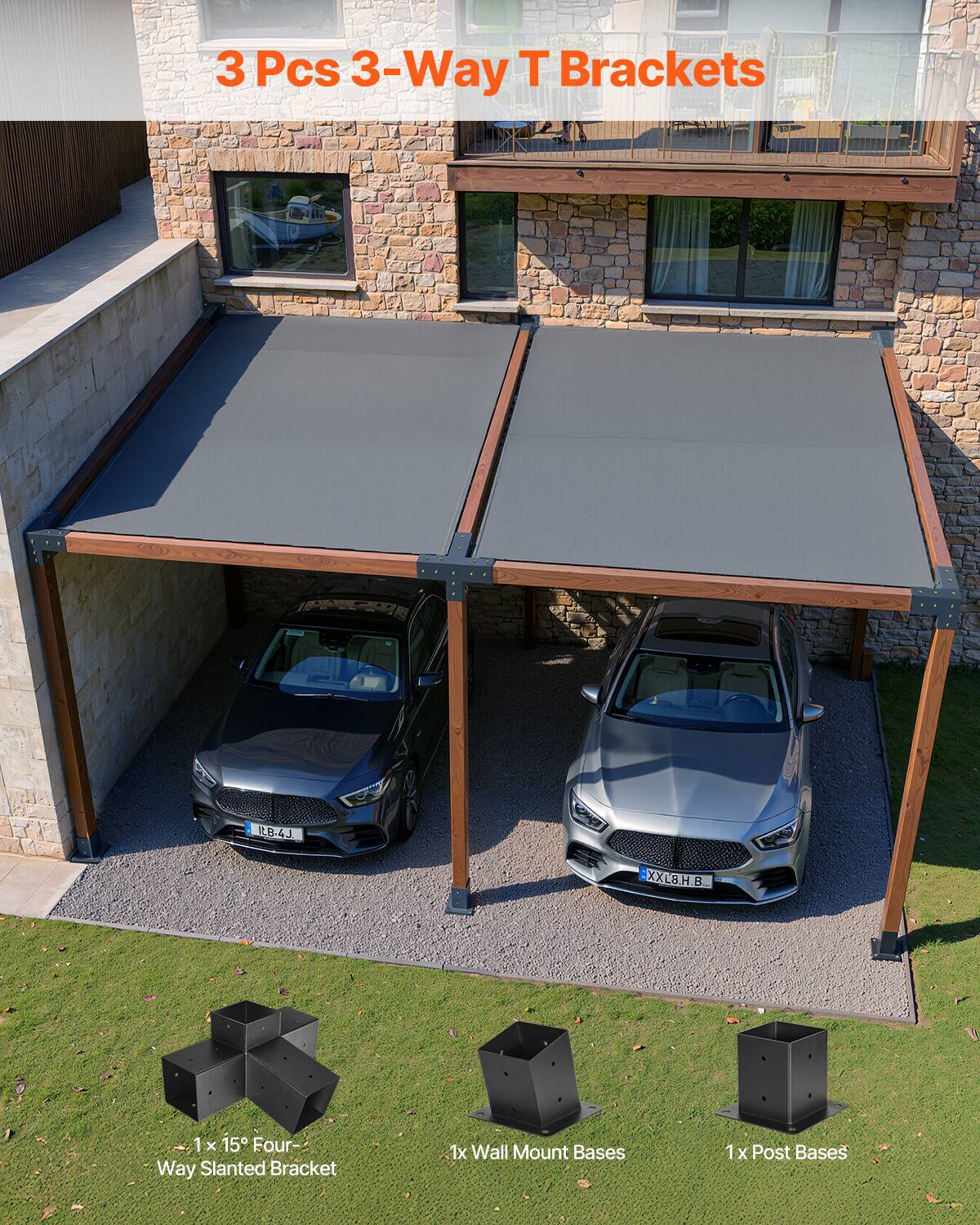 3 Pcs 3-Way T Brackets

- 1 x 15" Four-Way Slanted Bracket
- 1 x Wall Mount Bases
- 1 x Post Bases