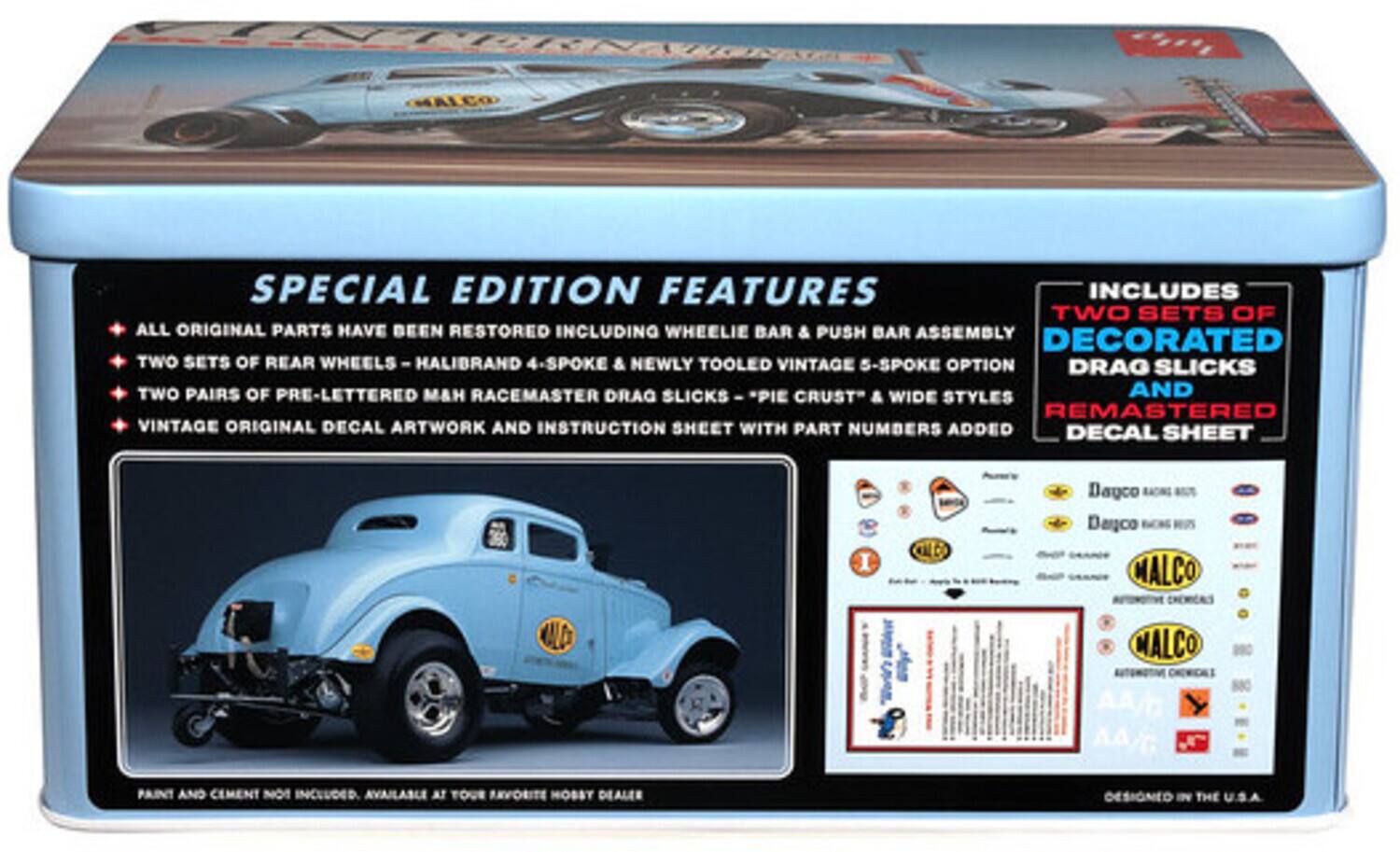 SPECIAL EDITION FEATURES INCLUDES:

- ALL ORIGINAL PARTS HAVE BEEN RESTORED INCLUDING WHEELIE BAR & PUSH BAR ASSEMBLY
- TWO SETS OF REAR WHEELS - HALIBRAND 4-SPOKE & NEWLY TOOLED VINTAGE 5-SPOKE OPTION
- TWO PAIRS OF PRE-LETTERED MAH RACEMASTER DRAG SLICKS - "PIE CRUST" & WIDE STYLES
- REMASTERED VINTAGE ORIGINAL DECAL ARTWORK AND INSTRUCTION SHEET WITH PART NUMBERS ADDED DECAL SHEET

INCLUDES:
- TWO SETS OF DECORATED DRAG SLICKS AND REMASTERED DECAL SHEET

PAINT AND CEMENT NOT INCLUDED. AVAILABLE AT TOUR FAVORITE HOBBY DEALER

DESIGNED IN THE U.S.A.