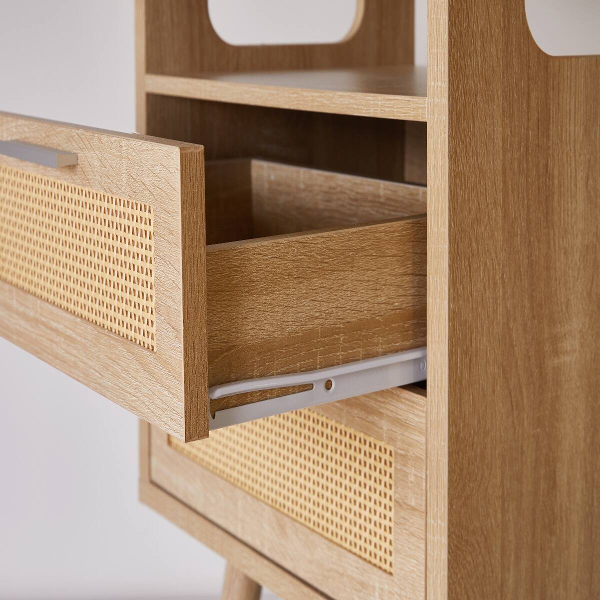 Alt View 7. Loheer - Loheer Set of 2 Nightstands With Drawers, Natural Wood Bedside Tables With Rattan Detail, Bedroom Storage - Natural Wood.