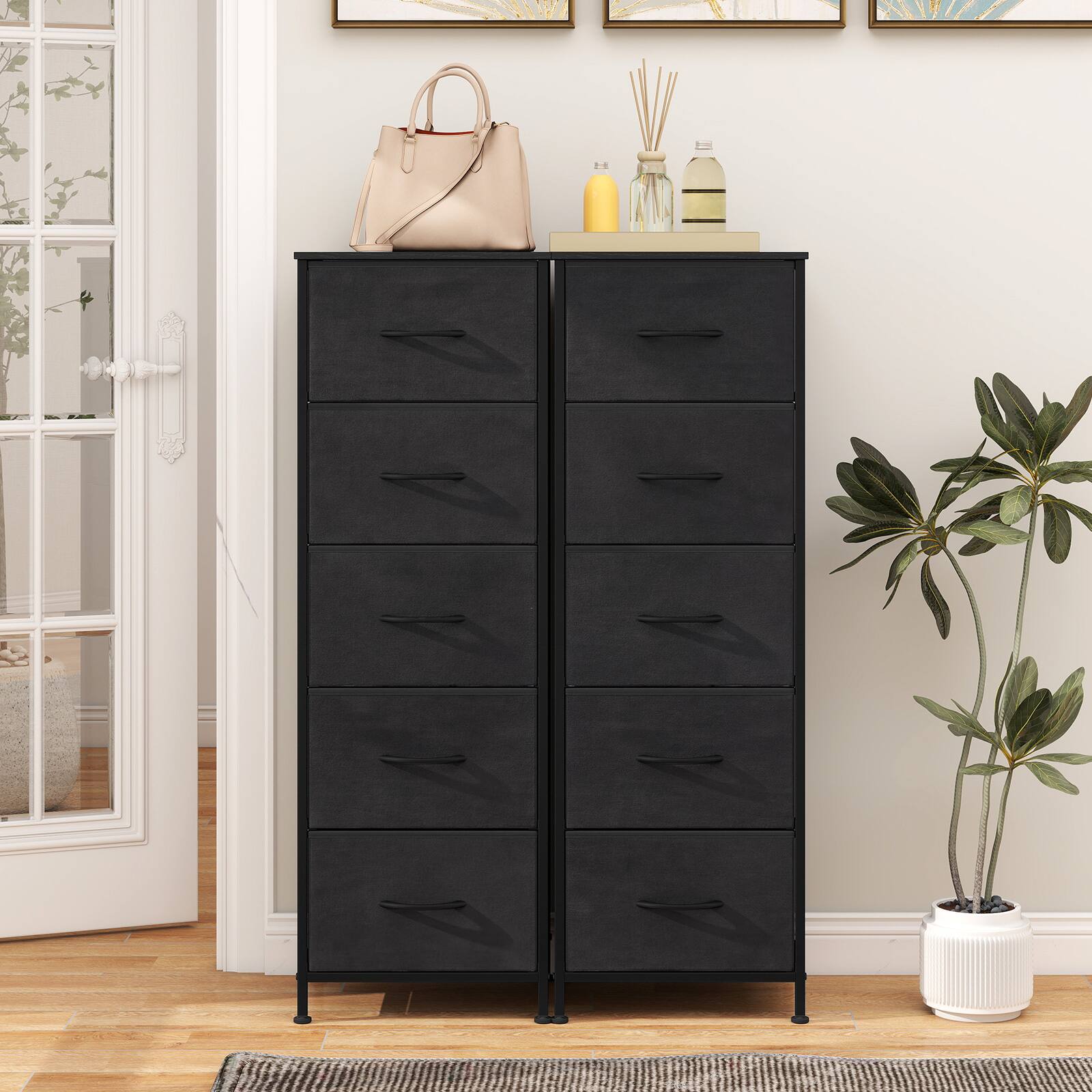 Alt View 4. Costway - Costway Dresser Nightstand with 5 Roomy Fabric Drawers Heavy-Duty Metal Frame for Dorm - Black.