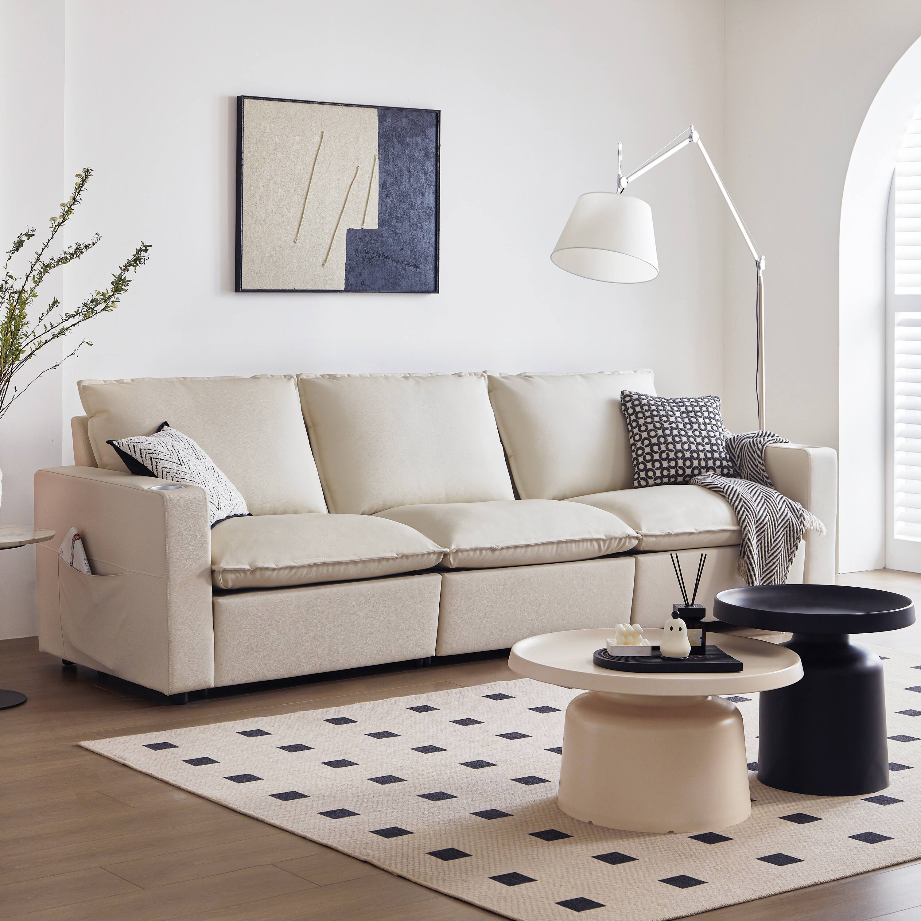 MSOOB - 116'' Genuine Leather Electric Reclining Sofa, Three Motor with Independent Control for Each Seat and USB Charging - White