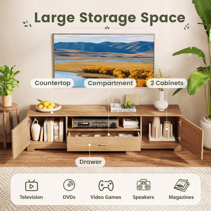 Large Storage Space  
Countertop Compartment  
2 Cabinets  
OLIVER PEOPLES  

Drawer  
+  
Television  
DVDs  
Video Games  
Speakers  
Magazines