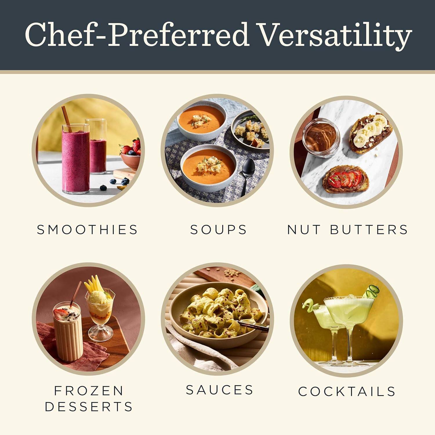 Chef-Preferred Versatility

- SMOOTHIES
- SOUPS
- NUT BUTTERS
- FROZEN DESSERTS
- SAUCES
- COCKTAILS