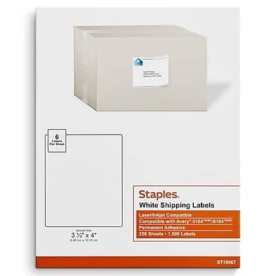 "Staples - Laser/Inkjet Shipping Labels, 3 1/3"" x 4"", 6 Labels/Sheet, 250 Sheets/Pack, 1500 Labels/Box - White" price history on PriceWatchPro